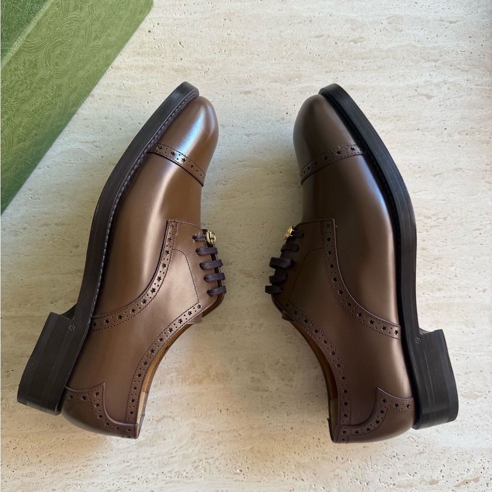 NWB GUCCI SHOES MENS ROOSTER BROGUE
BROWN LEATHER DURBY GUCCI SIZE/10 - Picture 10 of 16